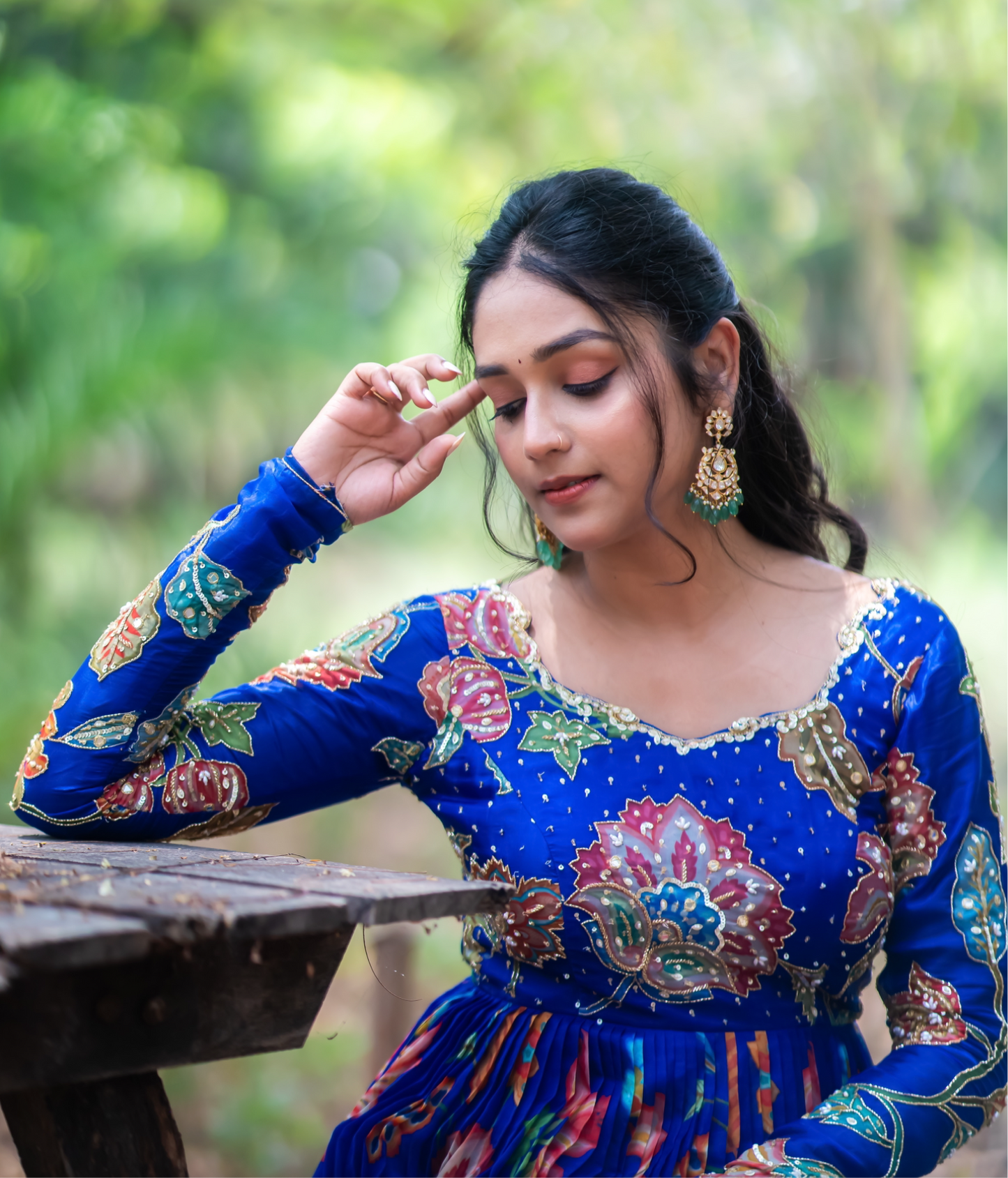 Dark Blue Chintz Printed Dress with Handwork Detailing