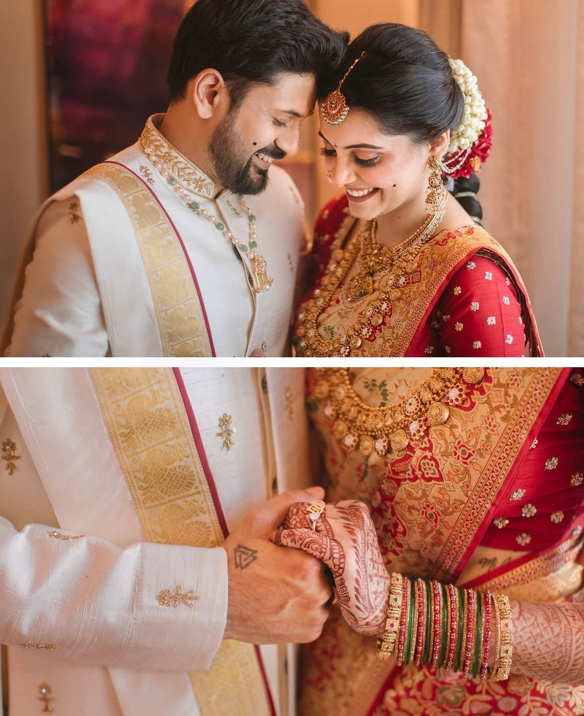 Beige & gold sherwani with dhothi-kanduva set for the groom