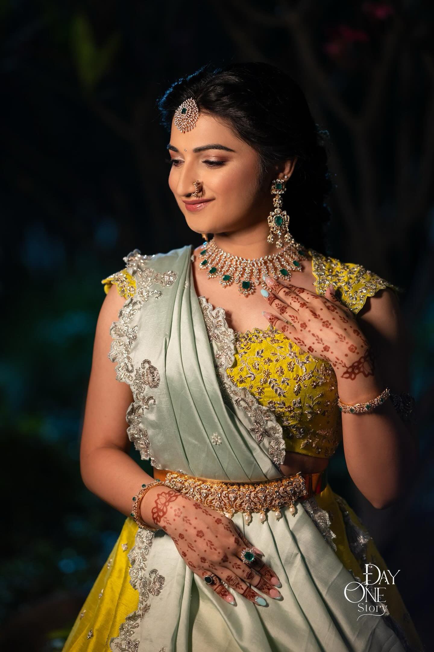 Yellow and Pastel Green Raw Silk Lehenga