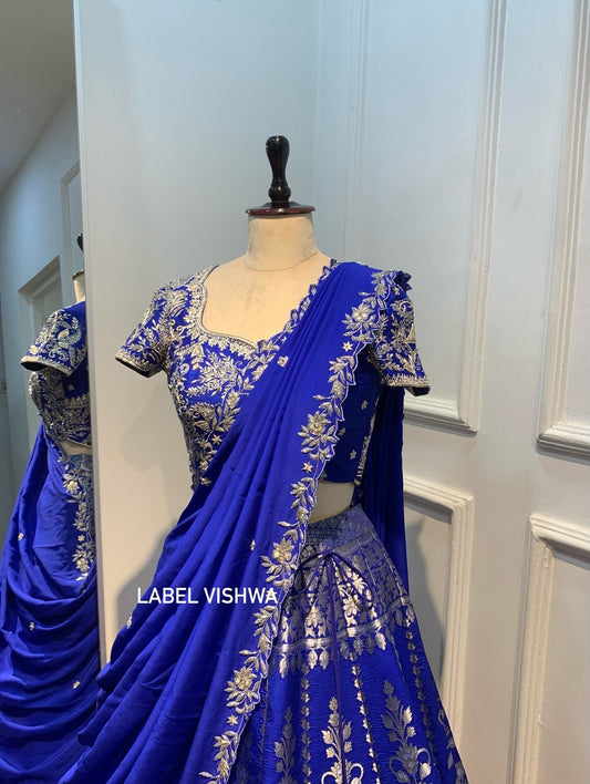 Blue banarasi lehenga with zardosi work on blouse and dupatta