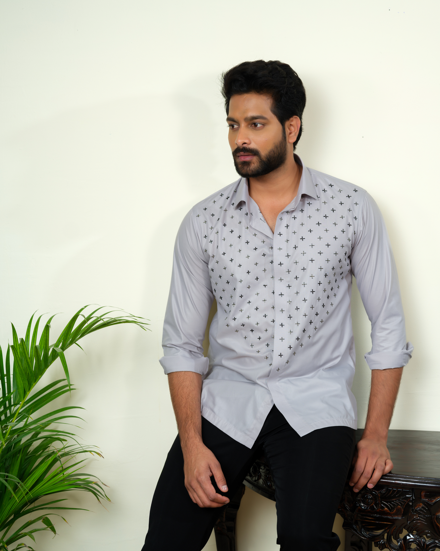Grey shirt with black and silver hand work detail
