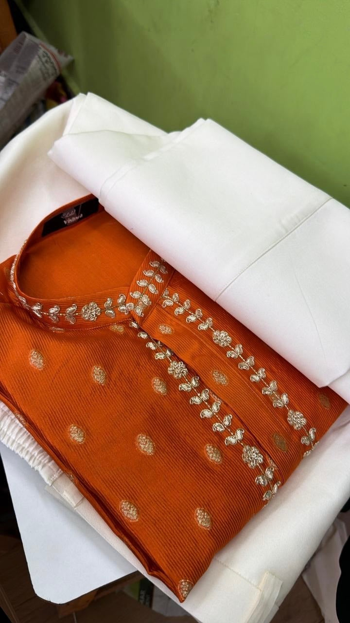 Hand embroidered orange kurta without pants