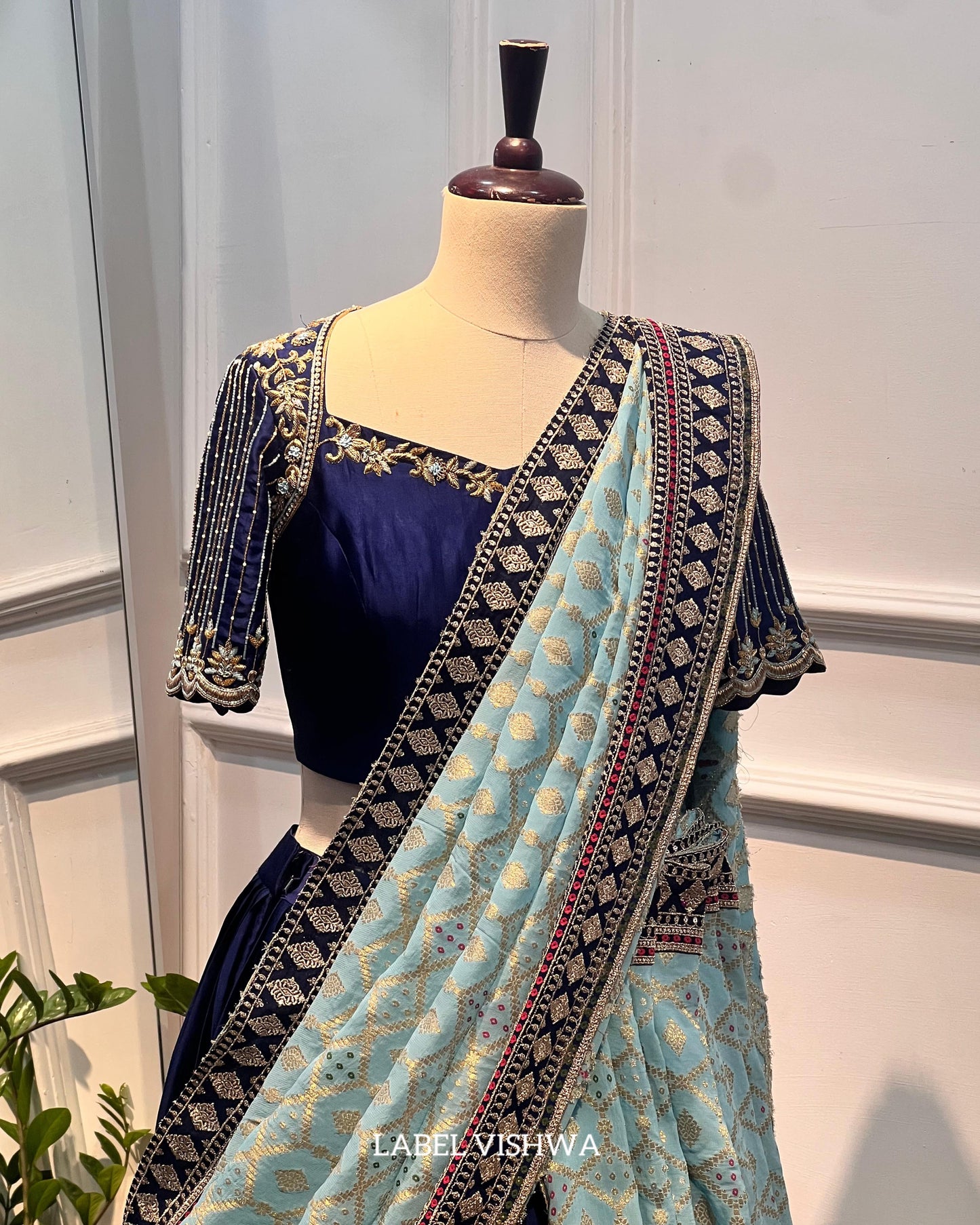 Navy Satin Raw Silk Lehenga Set with Hand-Embroidered Blouse and Banarasi Dupatta