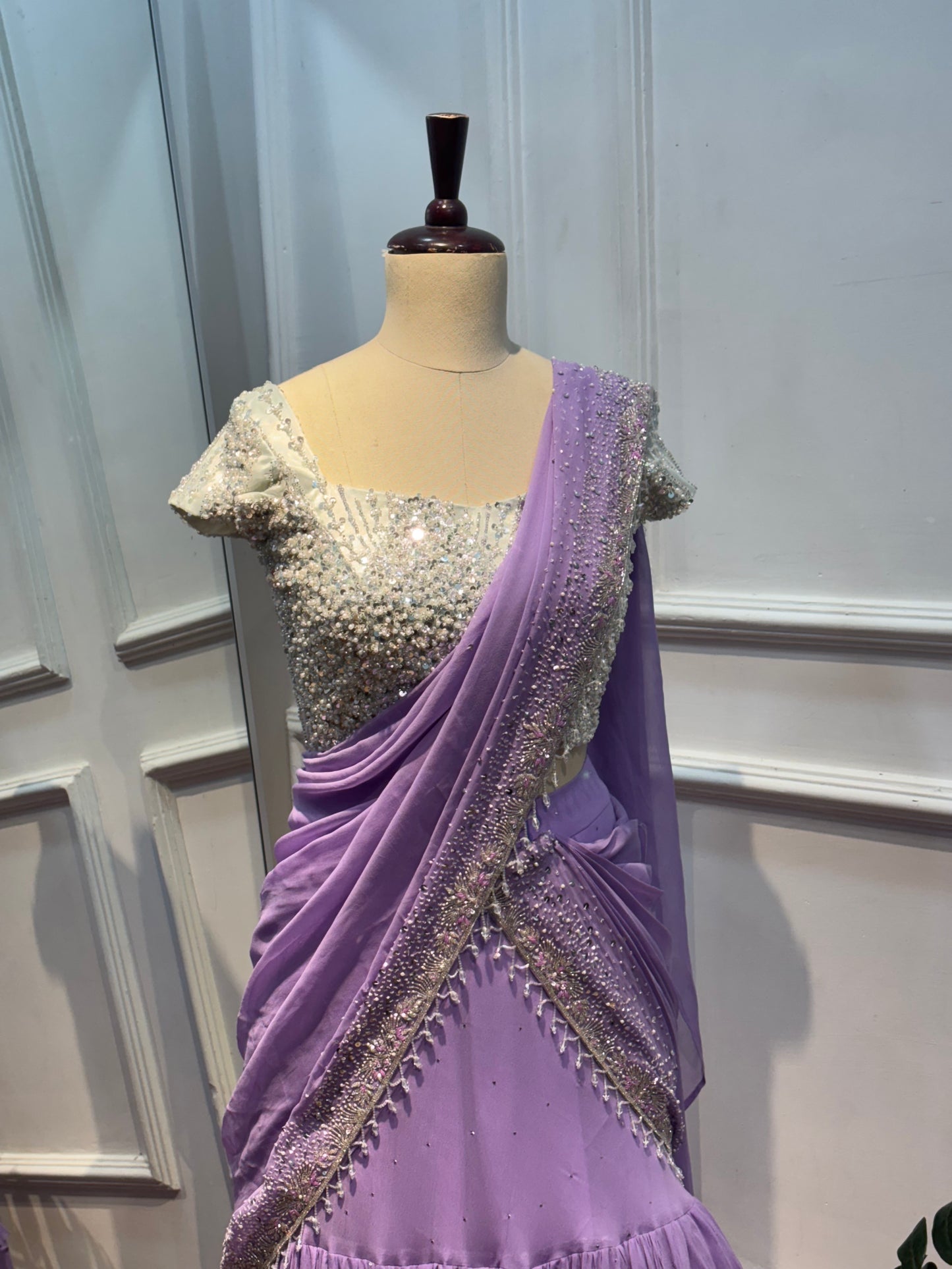 The "Twilight Lilac" Layered Chinon Ruffle Saree Set
