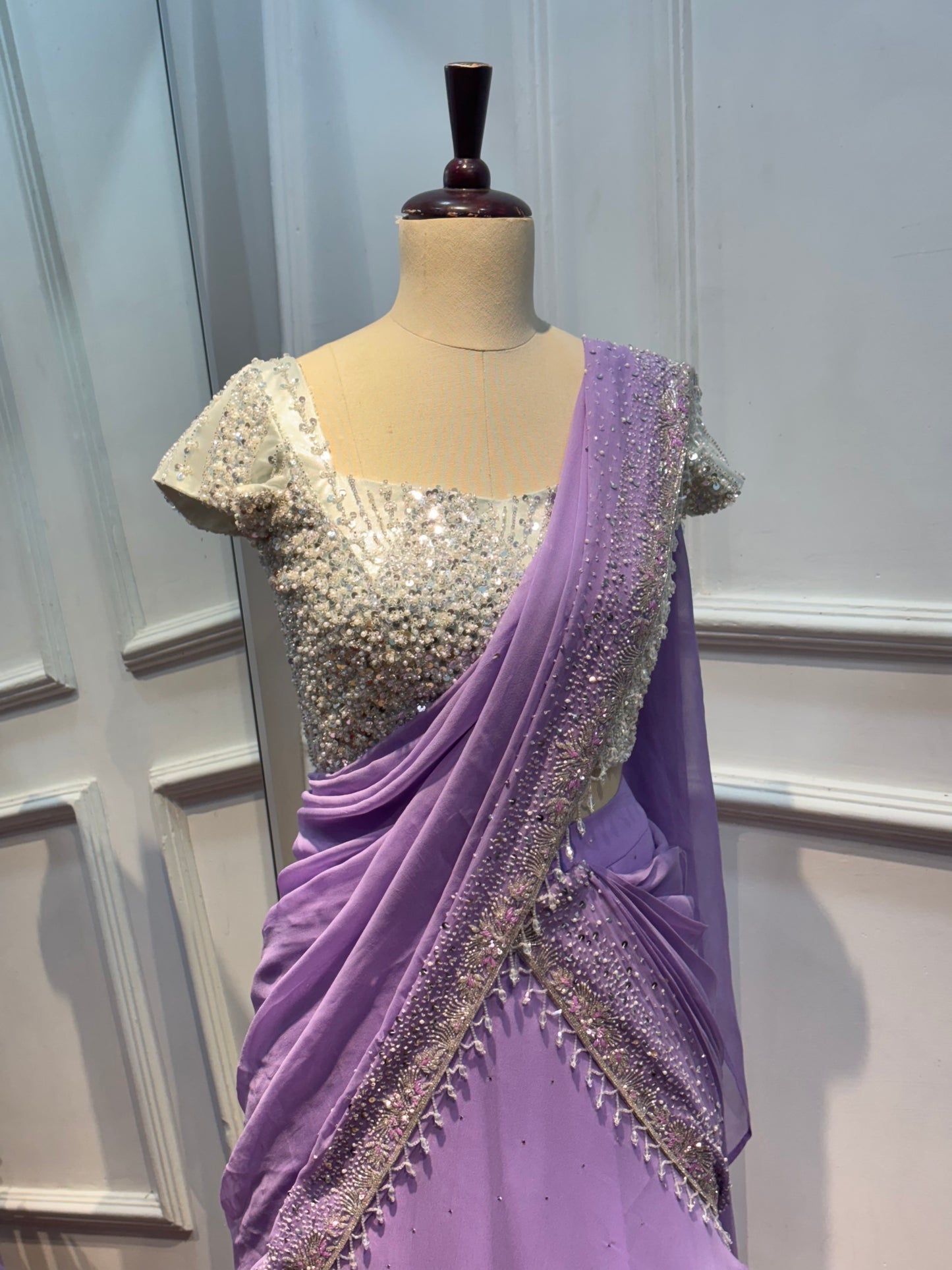 The "Twilight Lilac" Layered Chinon Ruffle Saree Set