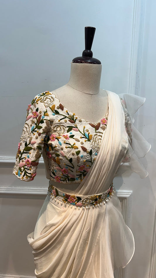 Beige Chinon Ruffle Saree with Multicolour Knot Work Blouse