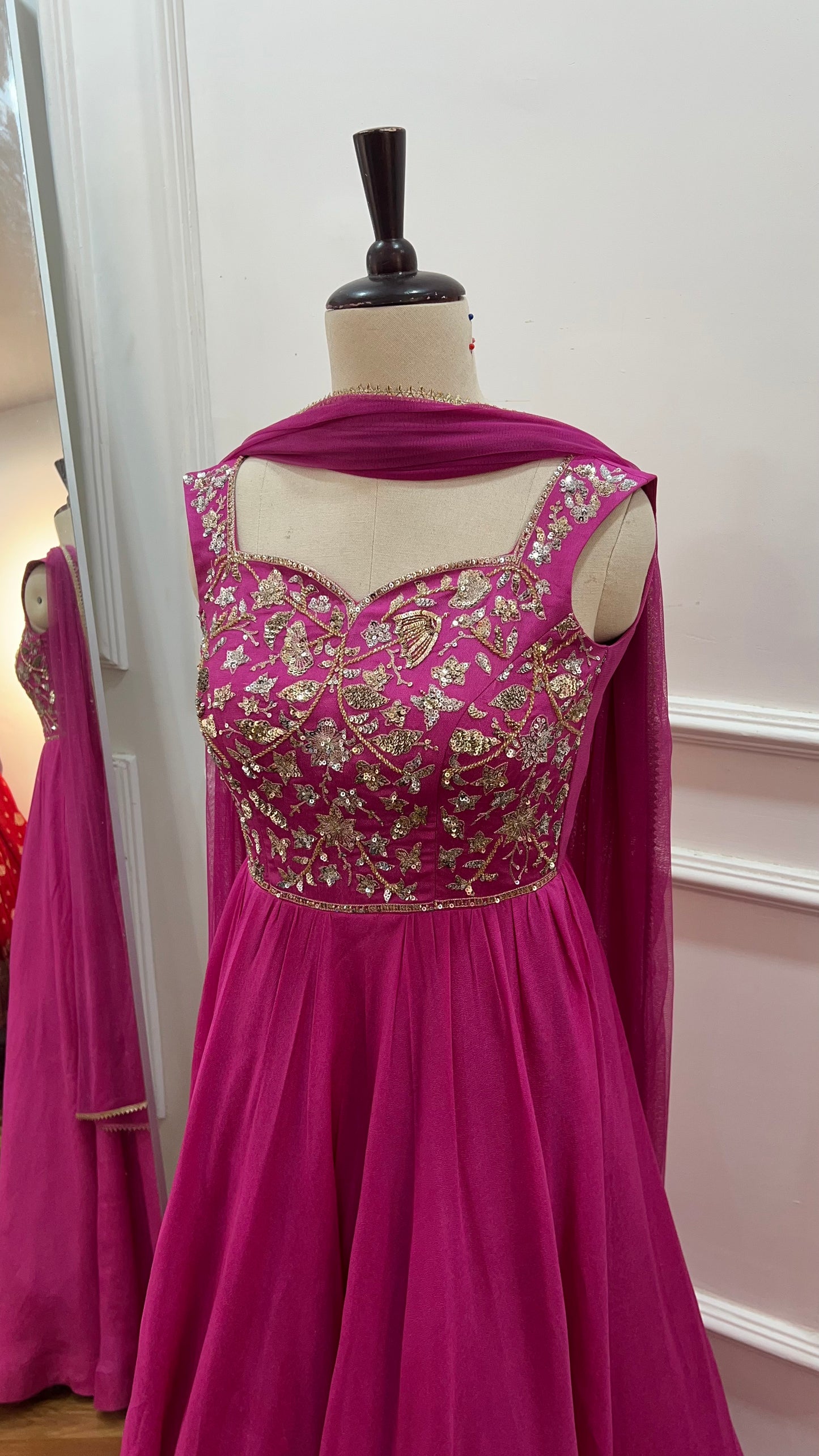 Hand-Embroidered Pink Georgette Gown with Dupatta