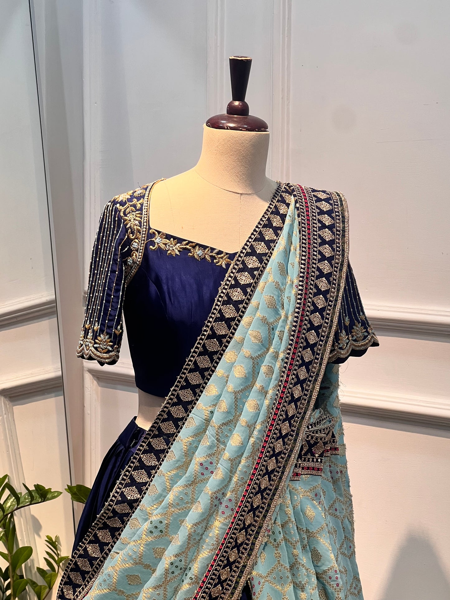 Navy Satin Raw Silk Lehenga Set with Hand-Embroidered Blouse and Banarasi Dupatta