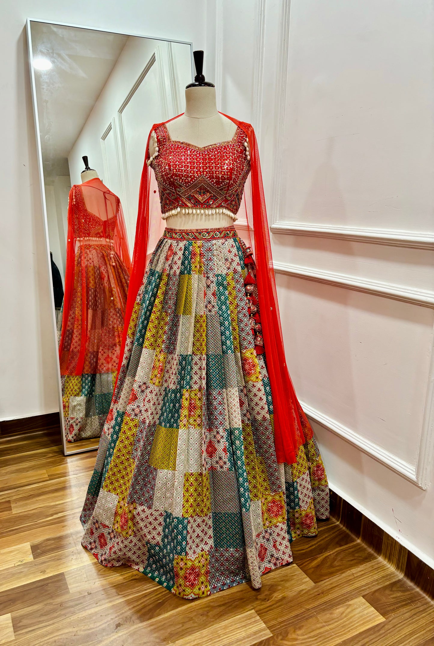Multicolor Georgette Lehenga Set with Hand-Embroidered Raw Silk Blouse