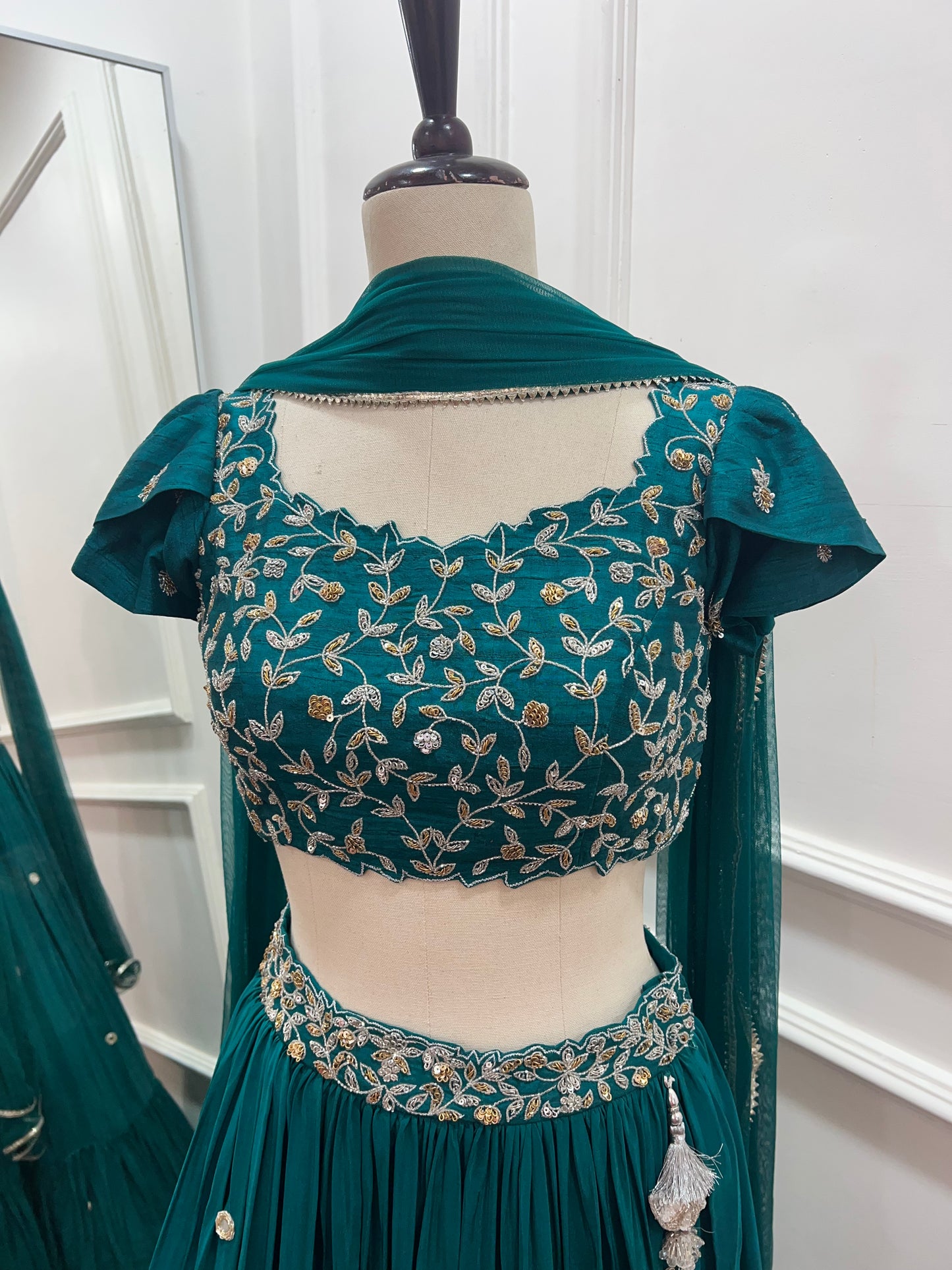 Zardosi Embroidered Rawsilk Crop Top and Crepe Silk Lehenga in Intel Blue