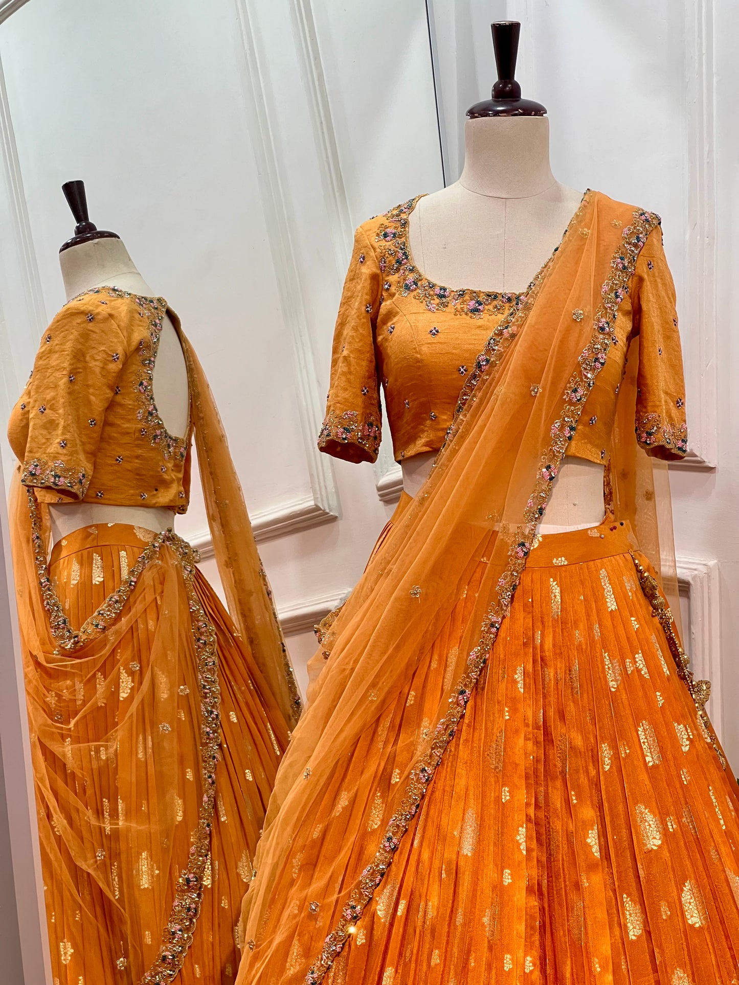 Vibrant Orange Banaras Silk Lehenga Set