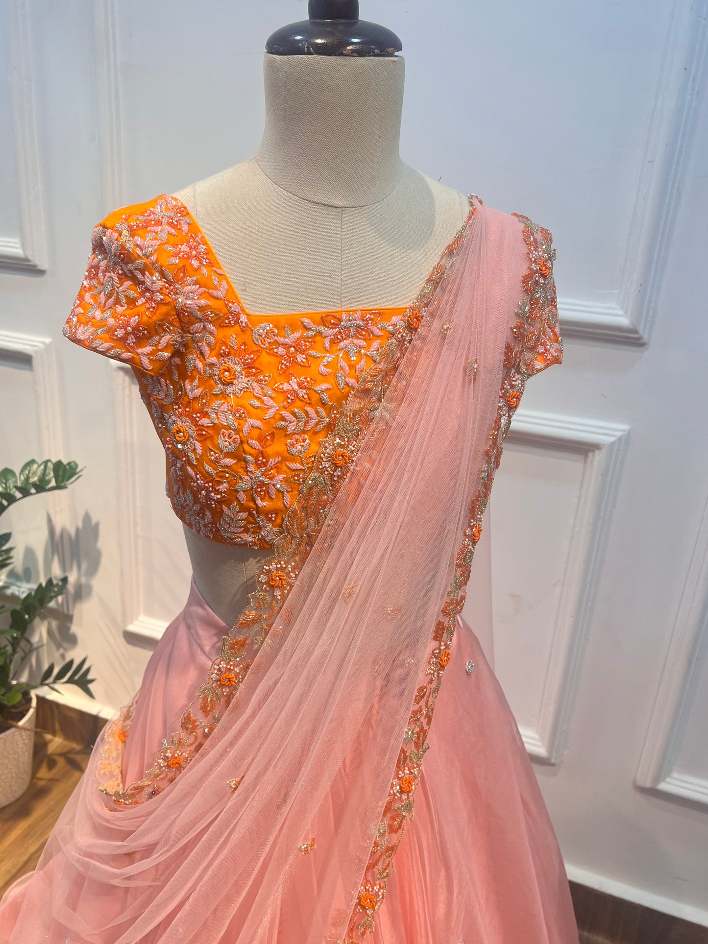 Elegant Peach & Orange Organza Lehenga Set