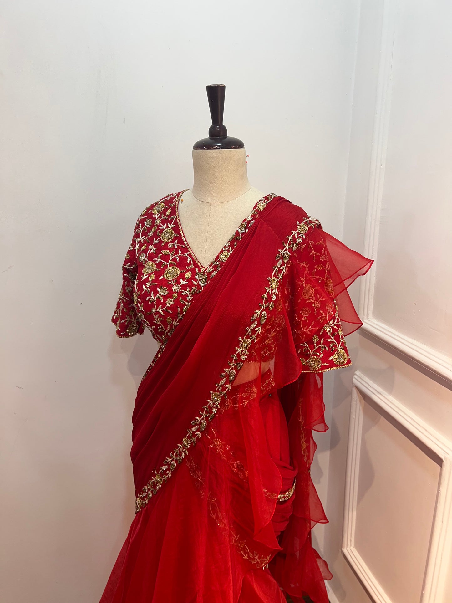 Embroidered Chinon Pre-Draped Saree with Ruffled Dupatta