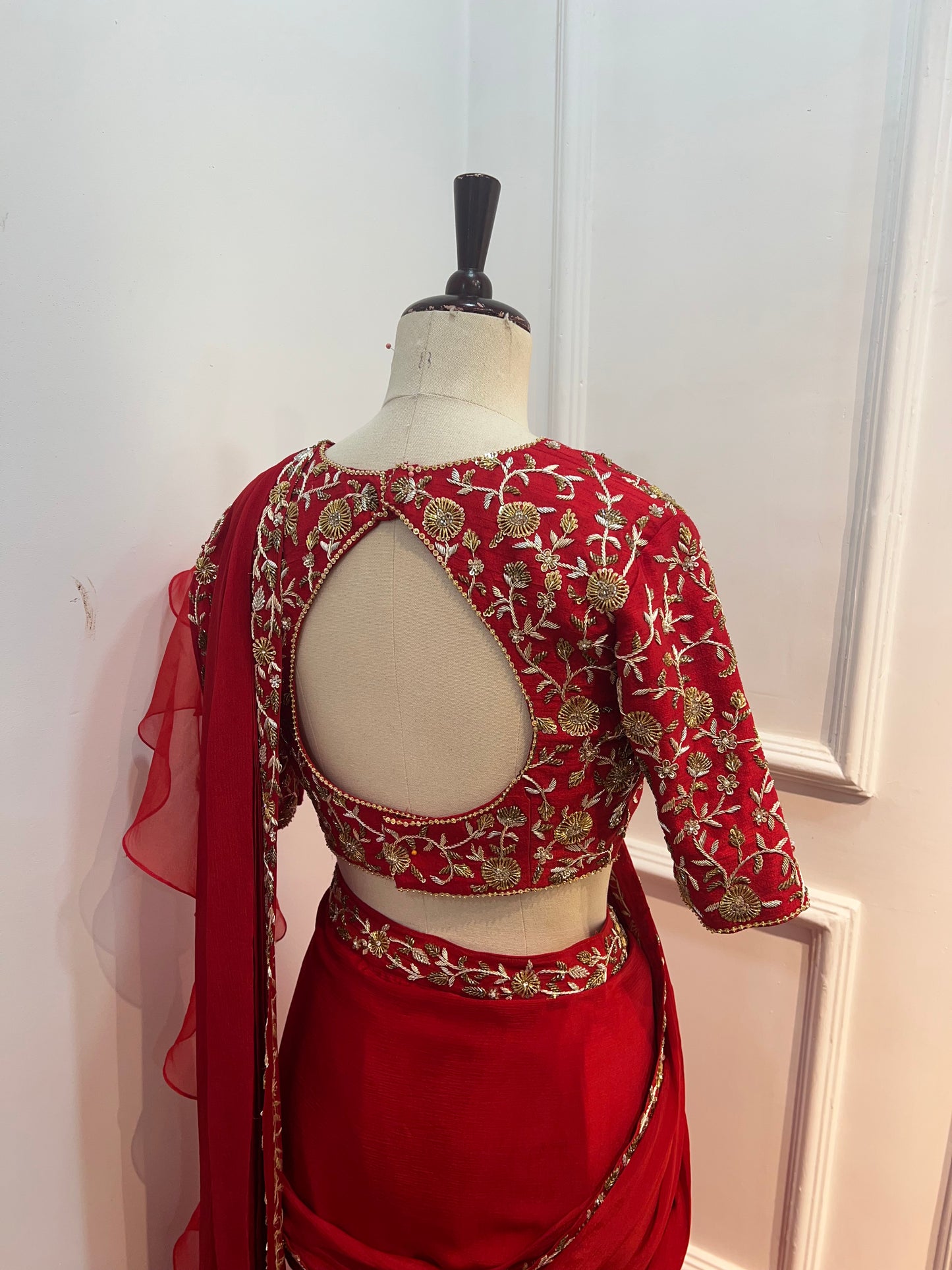 Embroidered Chinon Pre-Draped Saree with Ruffled Dupatta