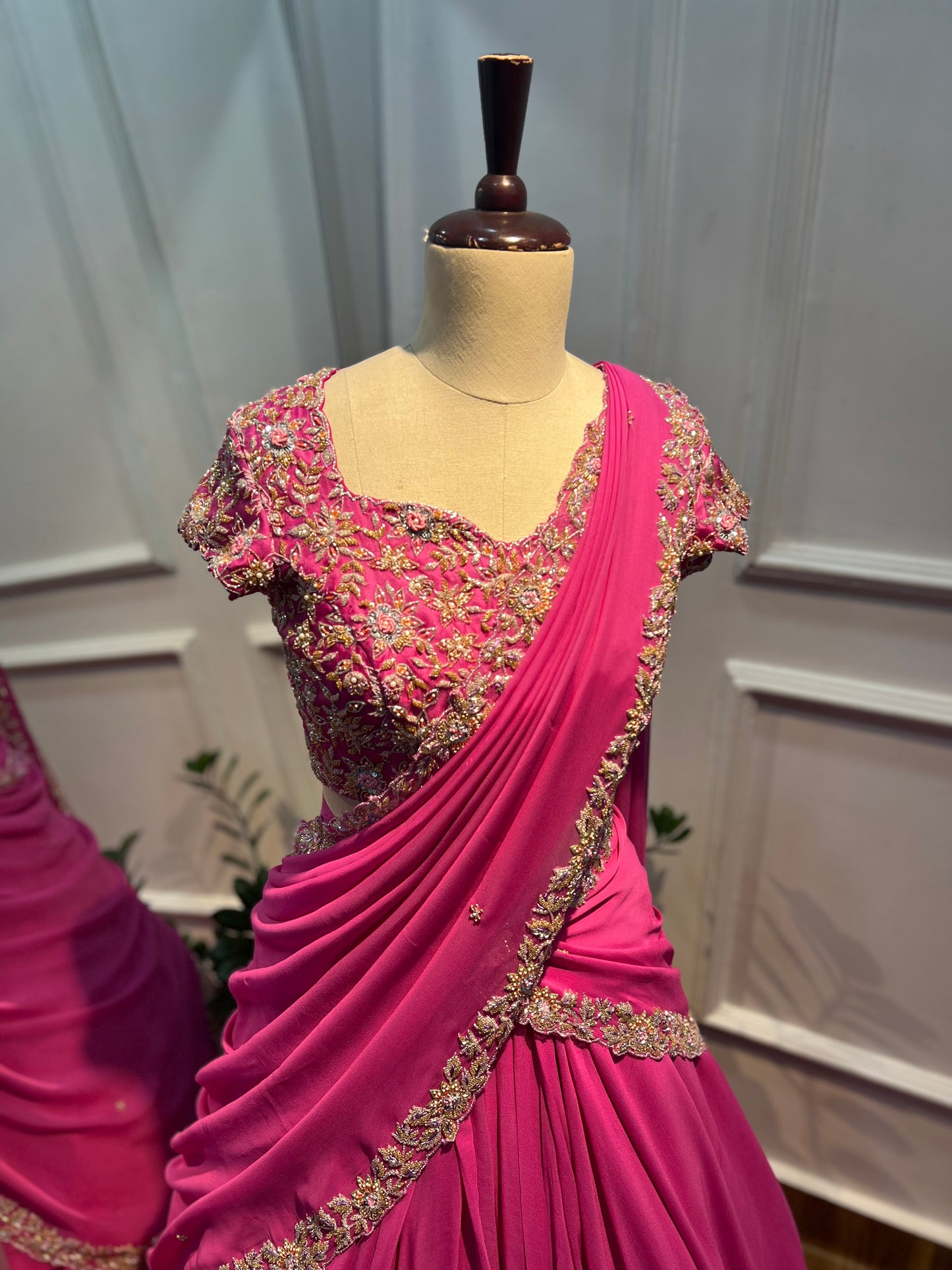 Hand Embroidered Pre-Draped Half Saree in Pure Georgette