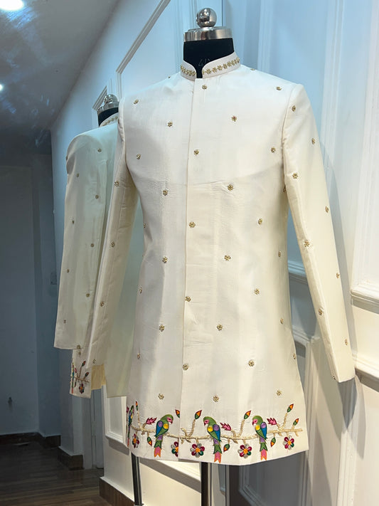 Off-White Silk Semi Sherwani Set with Hand Zardosi & Thread Embroidery