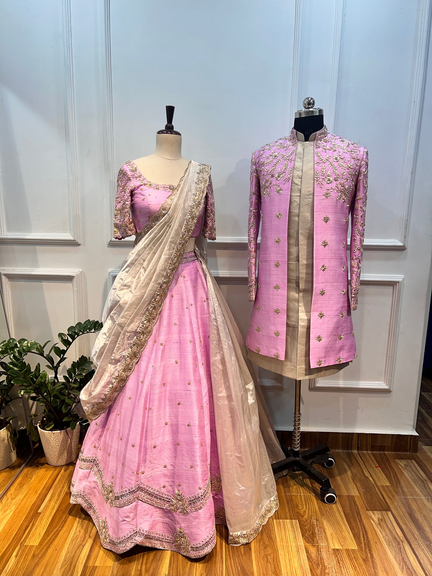Pink Raw Silk Open Sherwani with Hand Embroidery & Tissue Inner Kurta With Pants