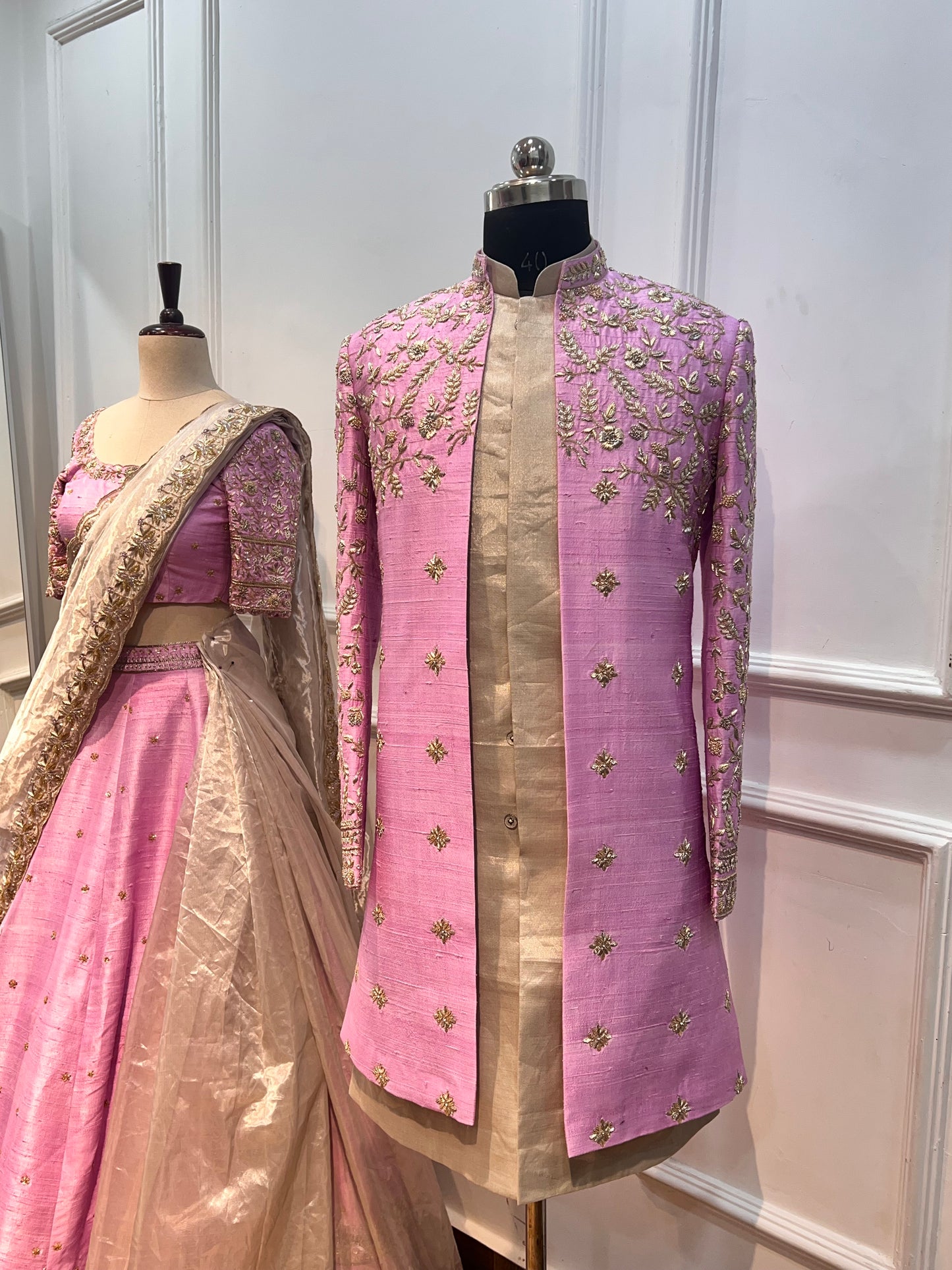 Pink Raw Silk Open Sherwani with Hand Embroidery & Tissue Inner Kurta With Pants