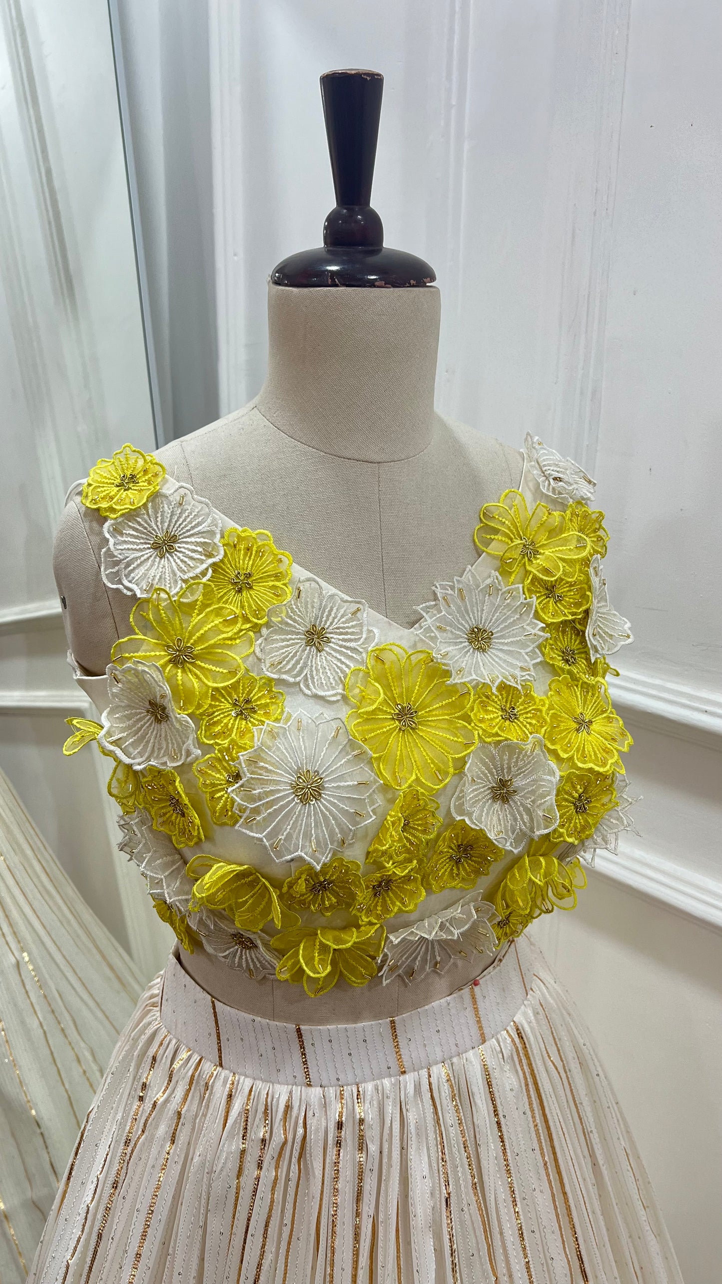 Ivory Georgette Lehenga with 3D Floral Hand-Embroidered Blouse