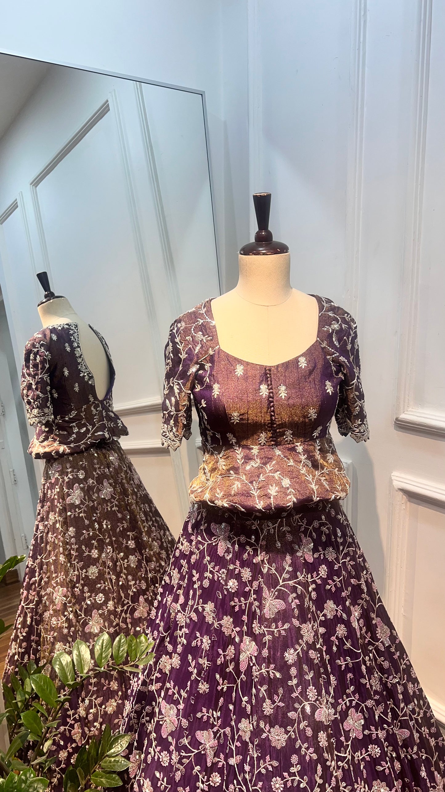 Beaded Tissue Peplum Top with Embroidered Skirt