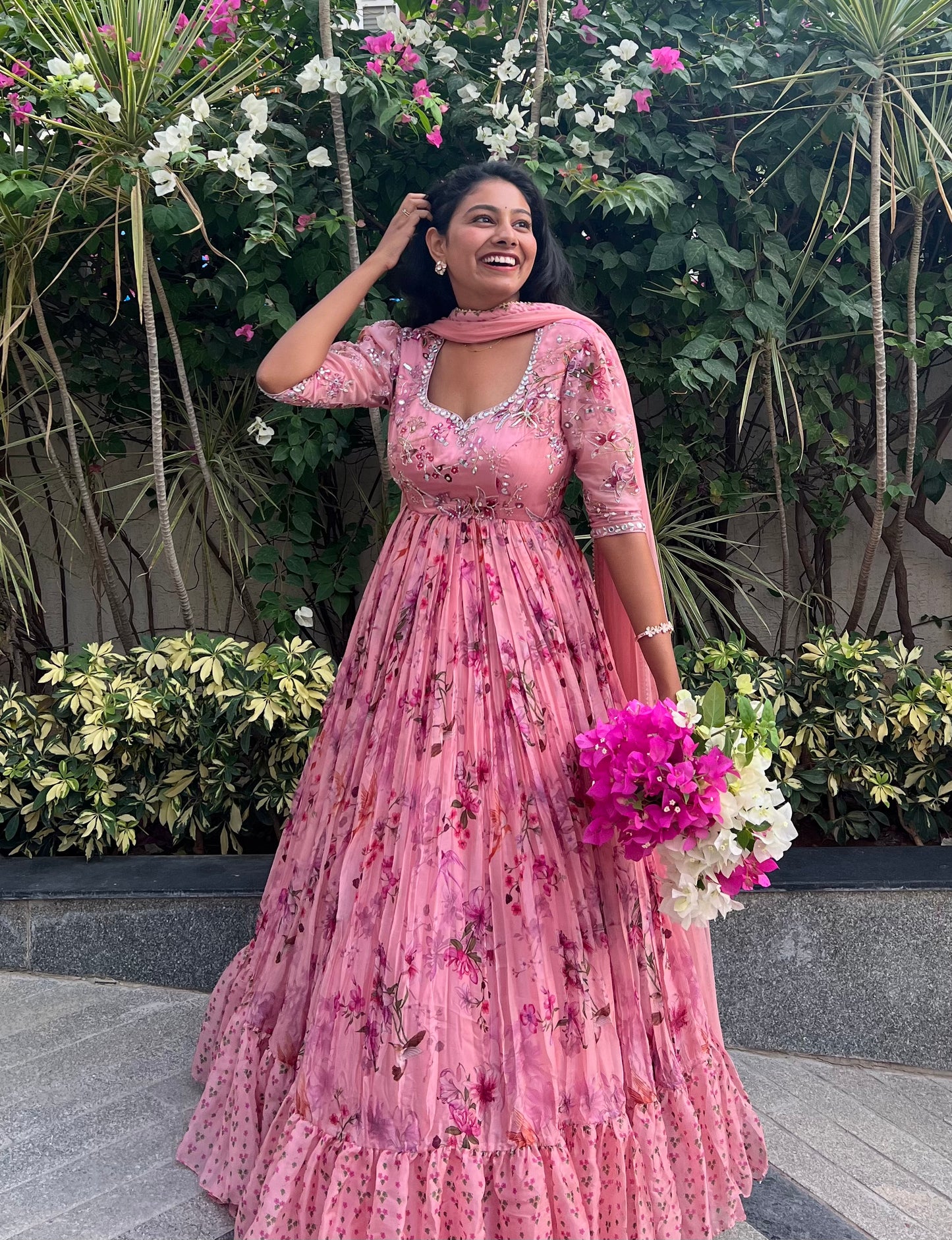 Peach Pink Floral Silk Organza Gown