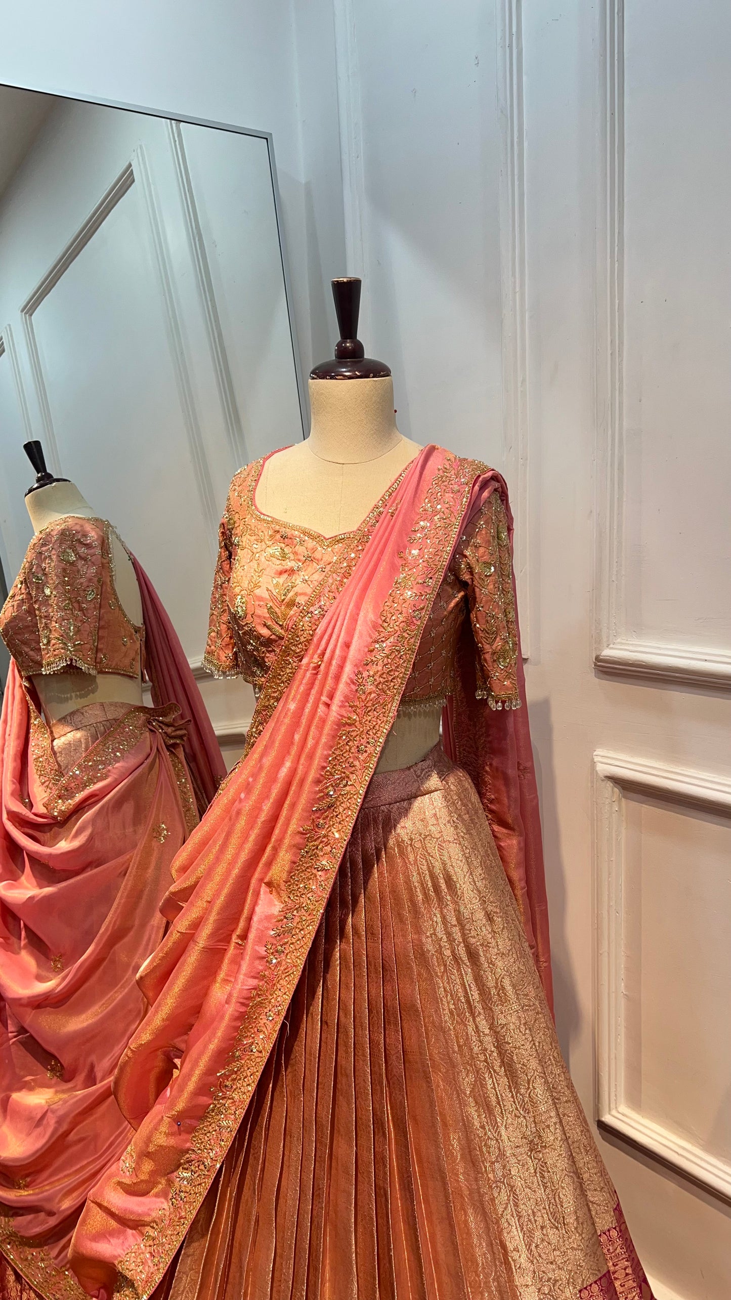 Tissue Pattu Lehenga Set with Hand Embroidered Raw Silk Blouse & Tissue Dupatta
