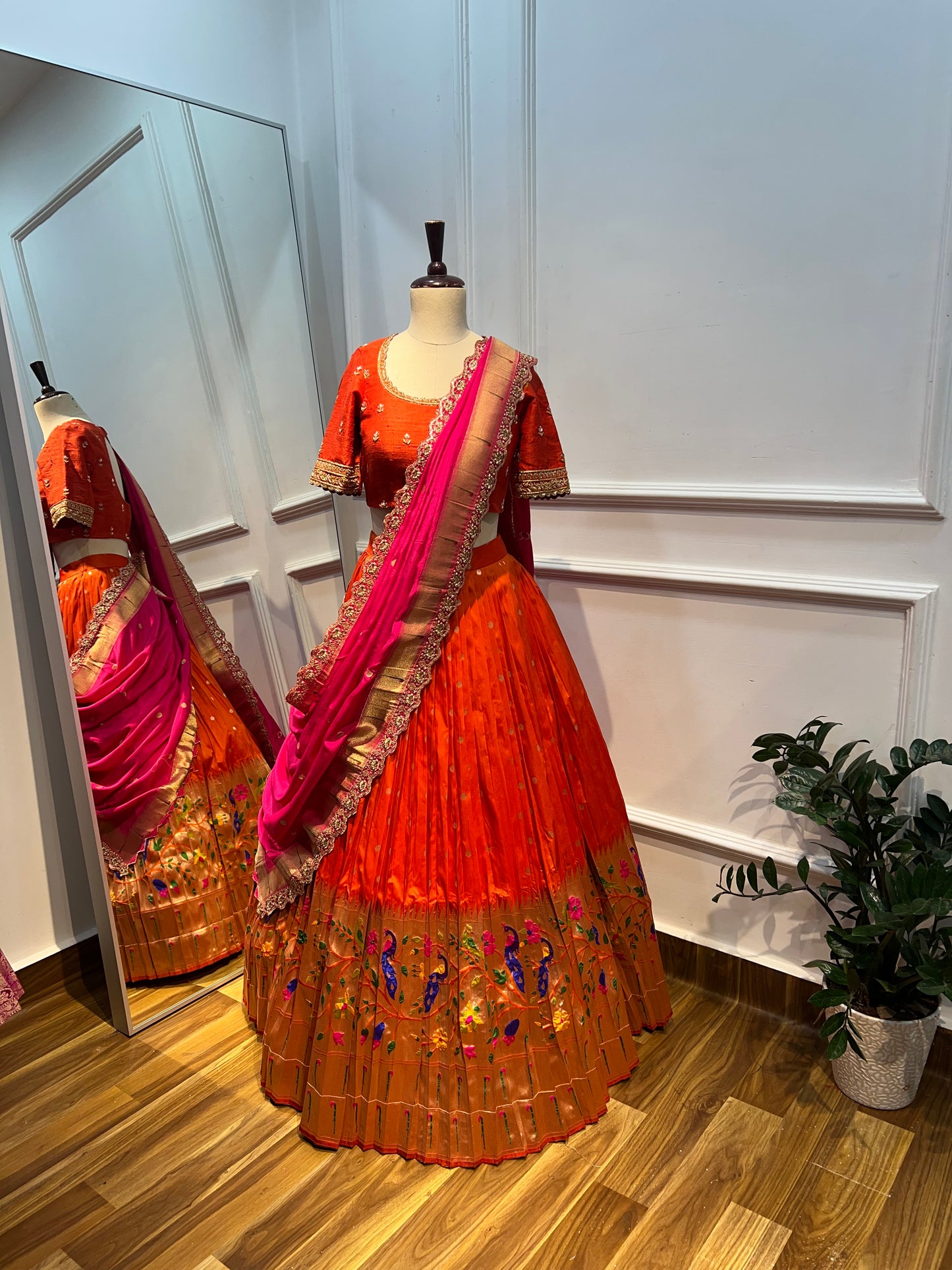 Paithani Lehenga with Muniya Border Dupatta & Hand Embroidered Raw Silk Blouse