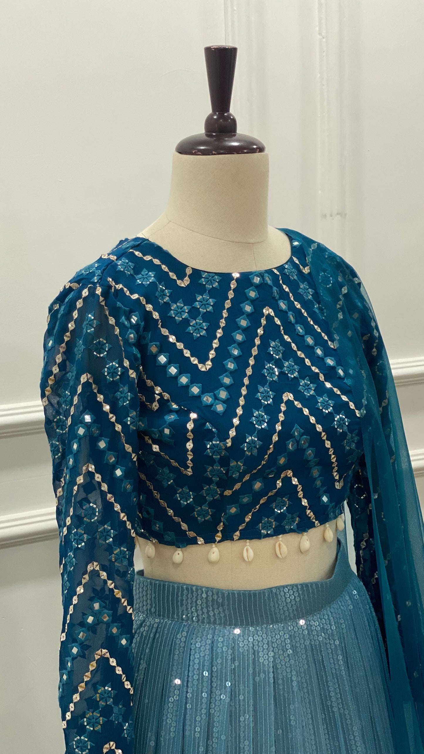 Teal Blue Sequin Lehenga Set with Mirror Work Blouse & Net Dupatta