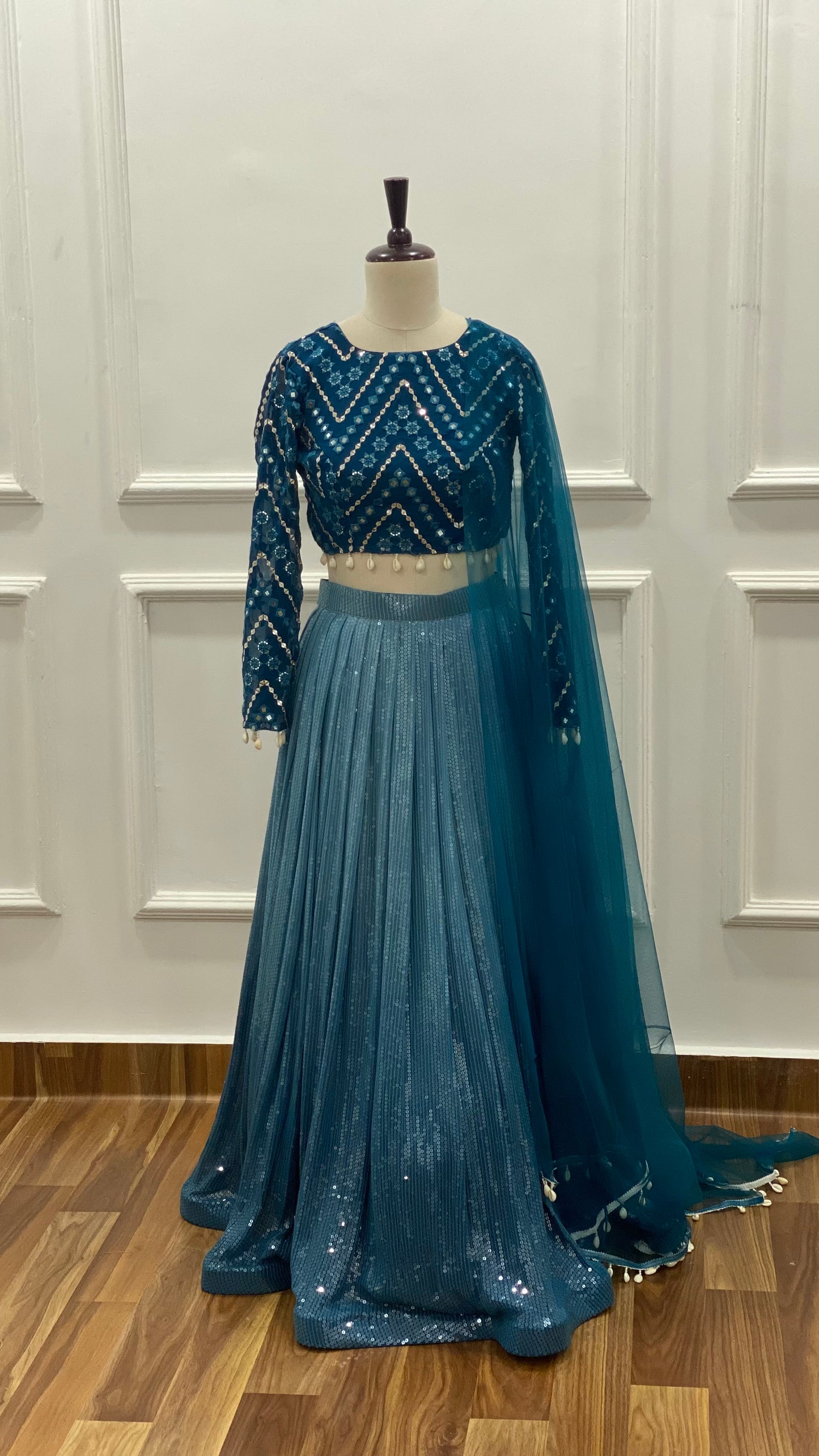 Teal Blue Sequin Lehenga Set with Mirror Work Blouse & Net Dupatta