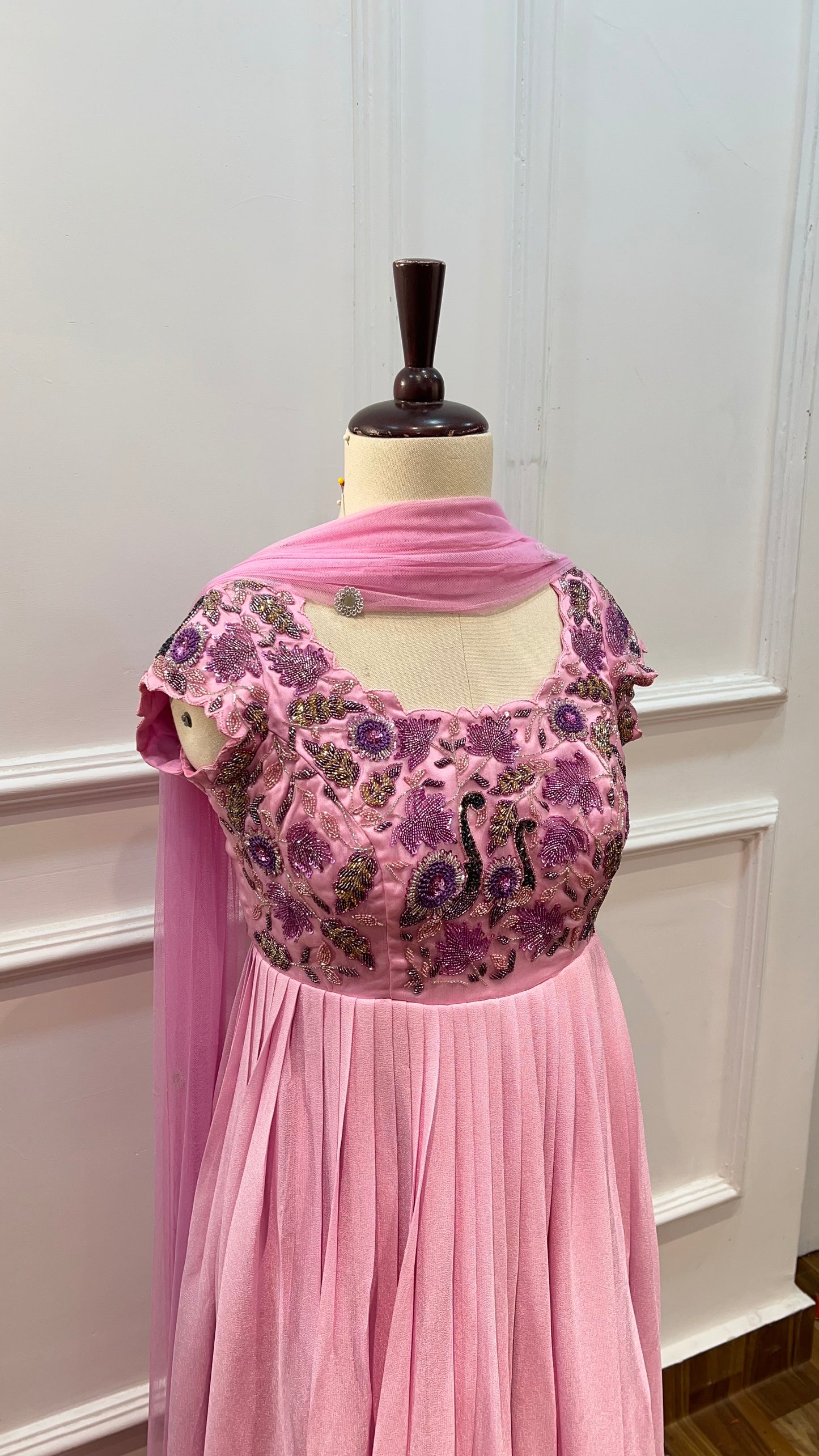 Baby Pink Georgette Gown with Swan Motif Handwork