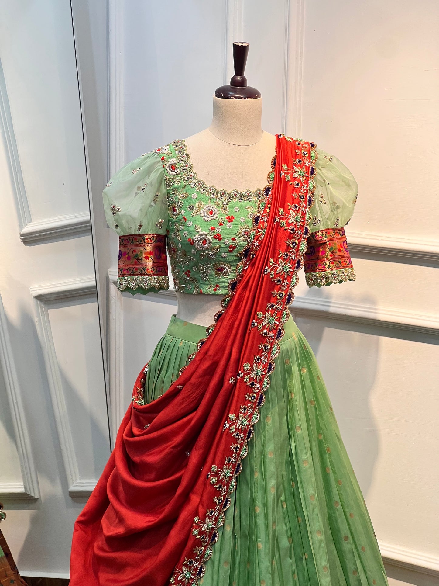 Mint Green Pure Paithani Half Saree with Handwork Blouse & Silk Chanderi Dupatta