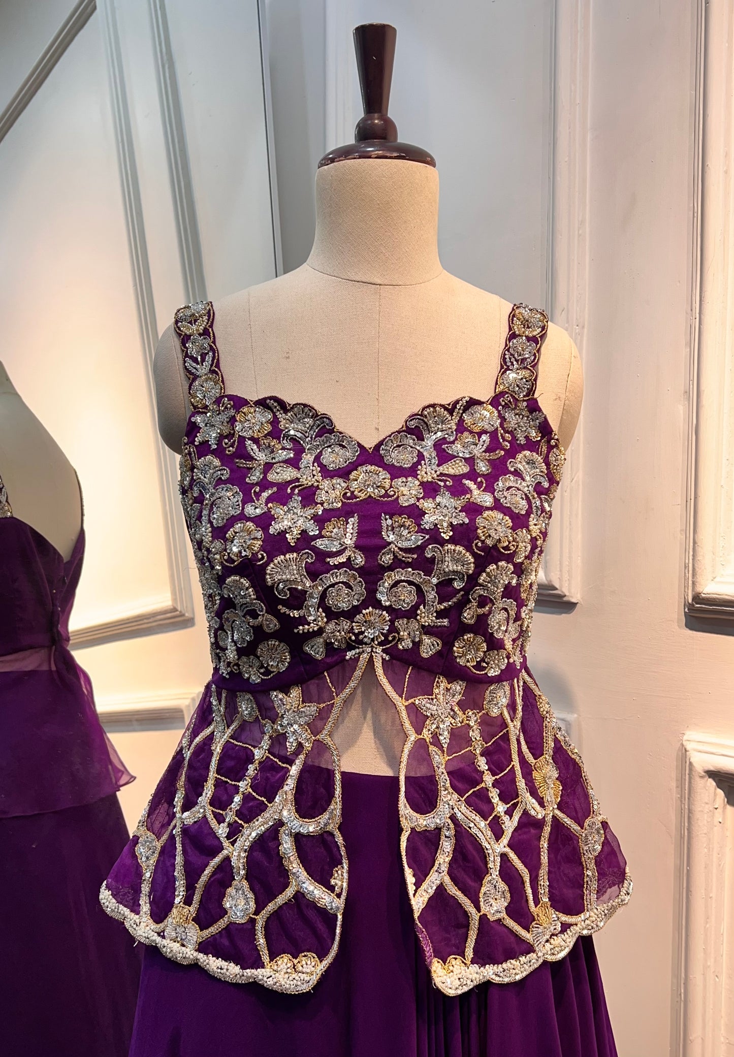 Hand-Embroidered Peplum Top Lehenga in Royal Purple