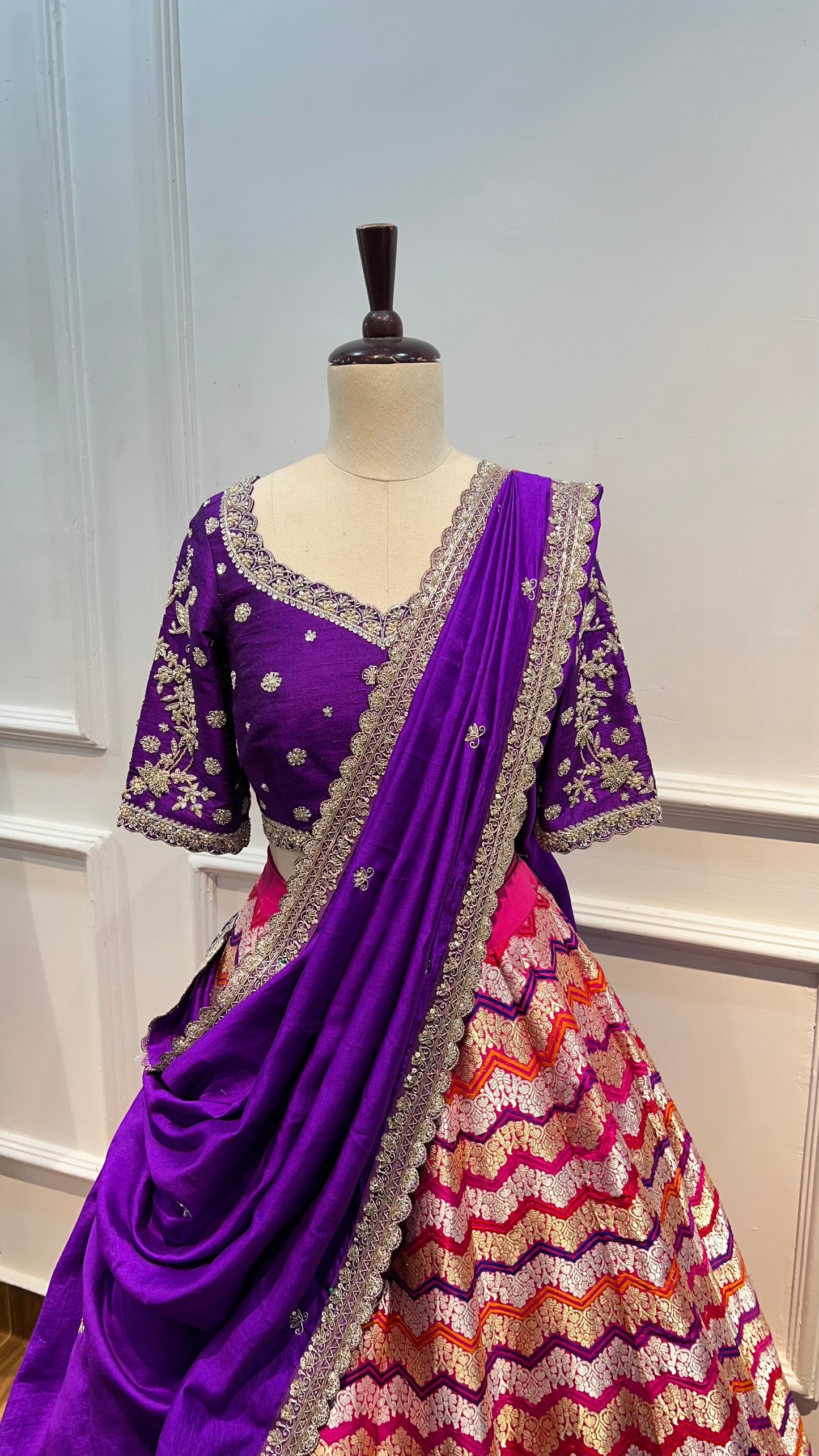 Handwoven Rangkat Banarasi Lehenga with Chanderi Silk Handwork Dupatta