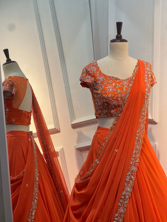 Hand Embroidered Pre-Draped Half Saree in Pure Georgette