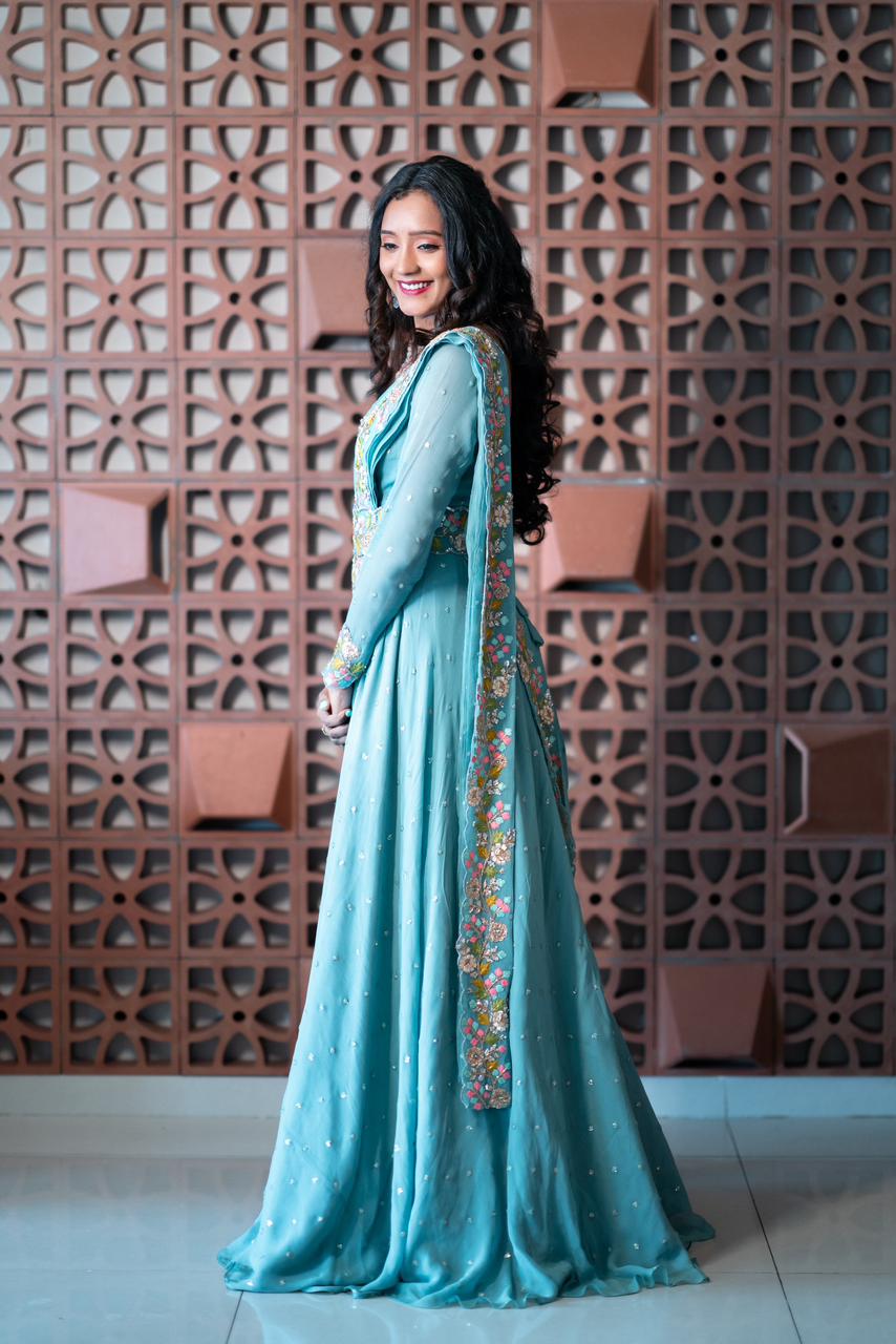 Pastel Blue pre draped gown with hand embroidery