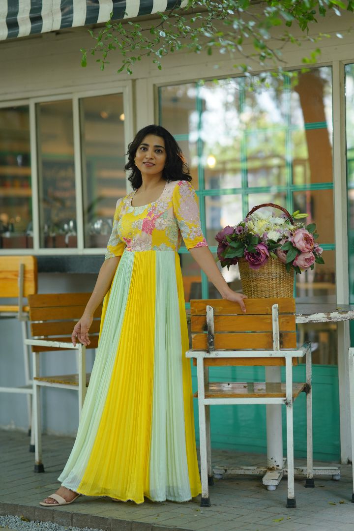 Yellow long frock with hand embroidery – Label Vishwa