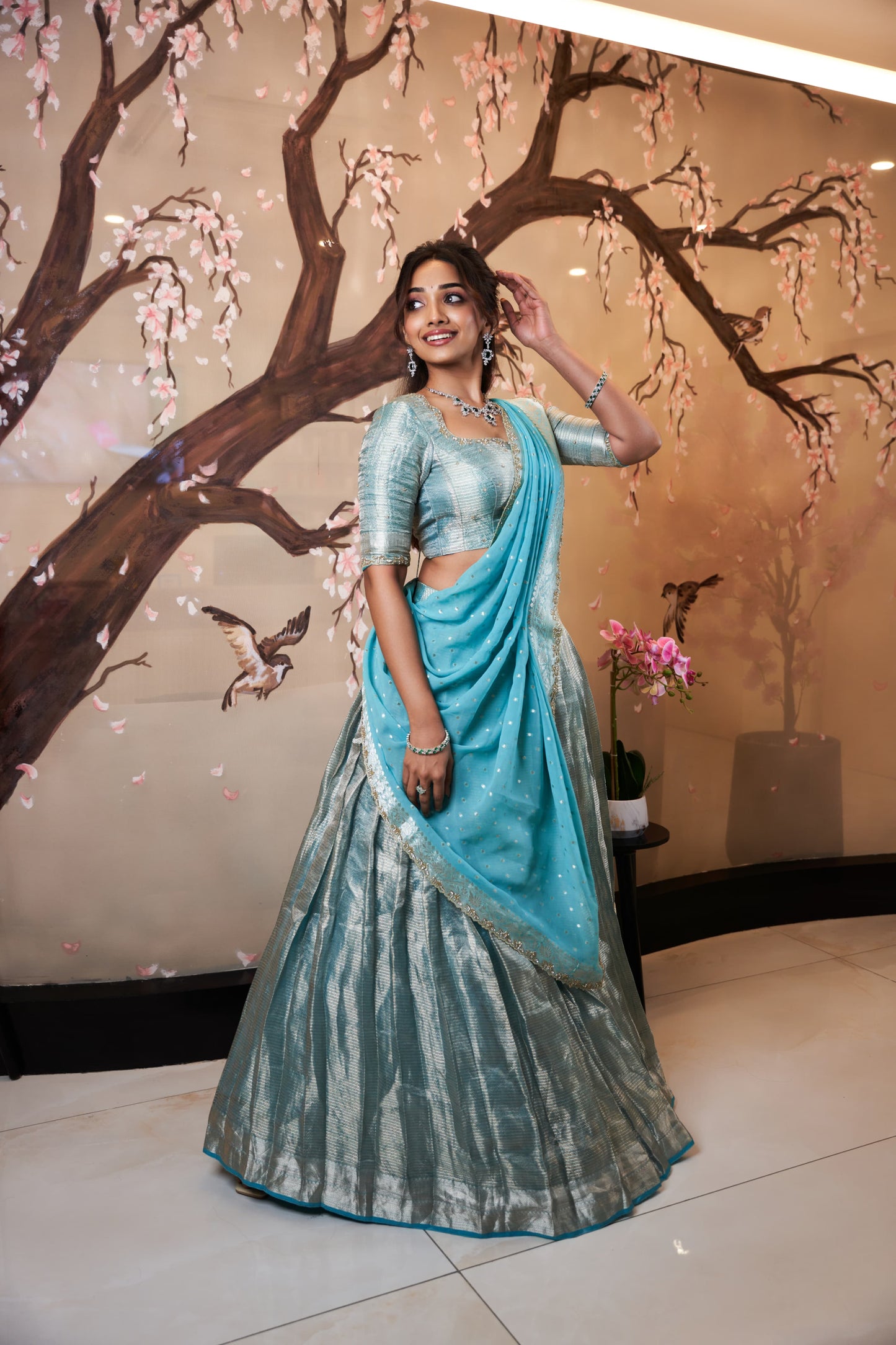 Pastel Blue Handwoven Zari Tissue Lehenga with Banarasi Georgette Dupatta