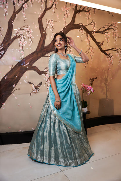 Pastel Blue Handwoven Zari Tissue Lehenga with Banarasi Georgette Dupatta