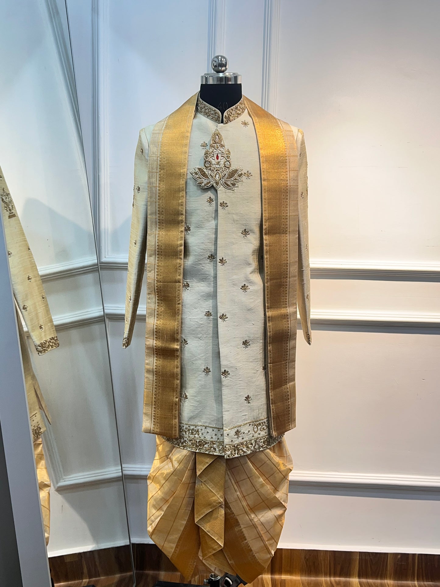 Pure Kanchi Pattu Dhoti & Kanduva with Tissue Raw Silk Sherwani