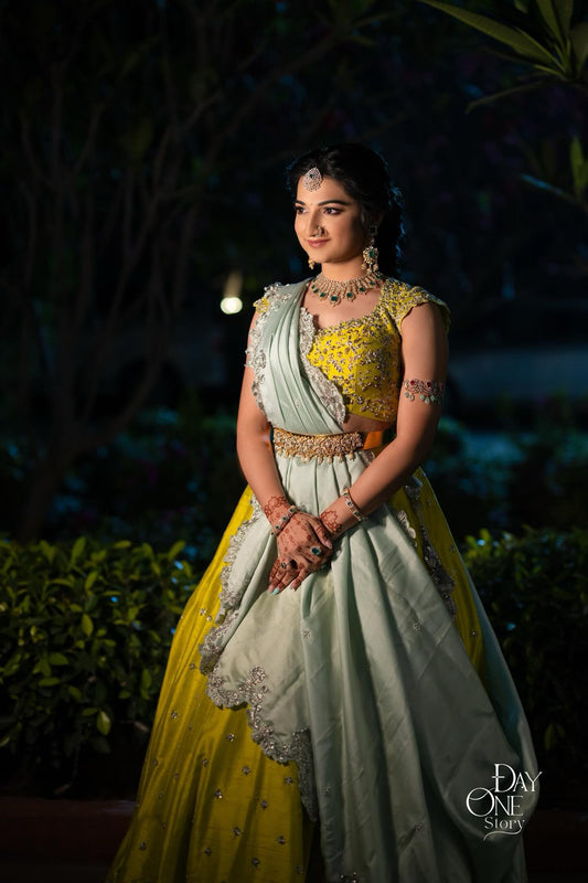 Yellow and Pastel Green Raw Silk Lehenga