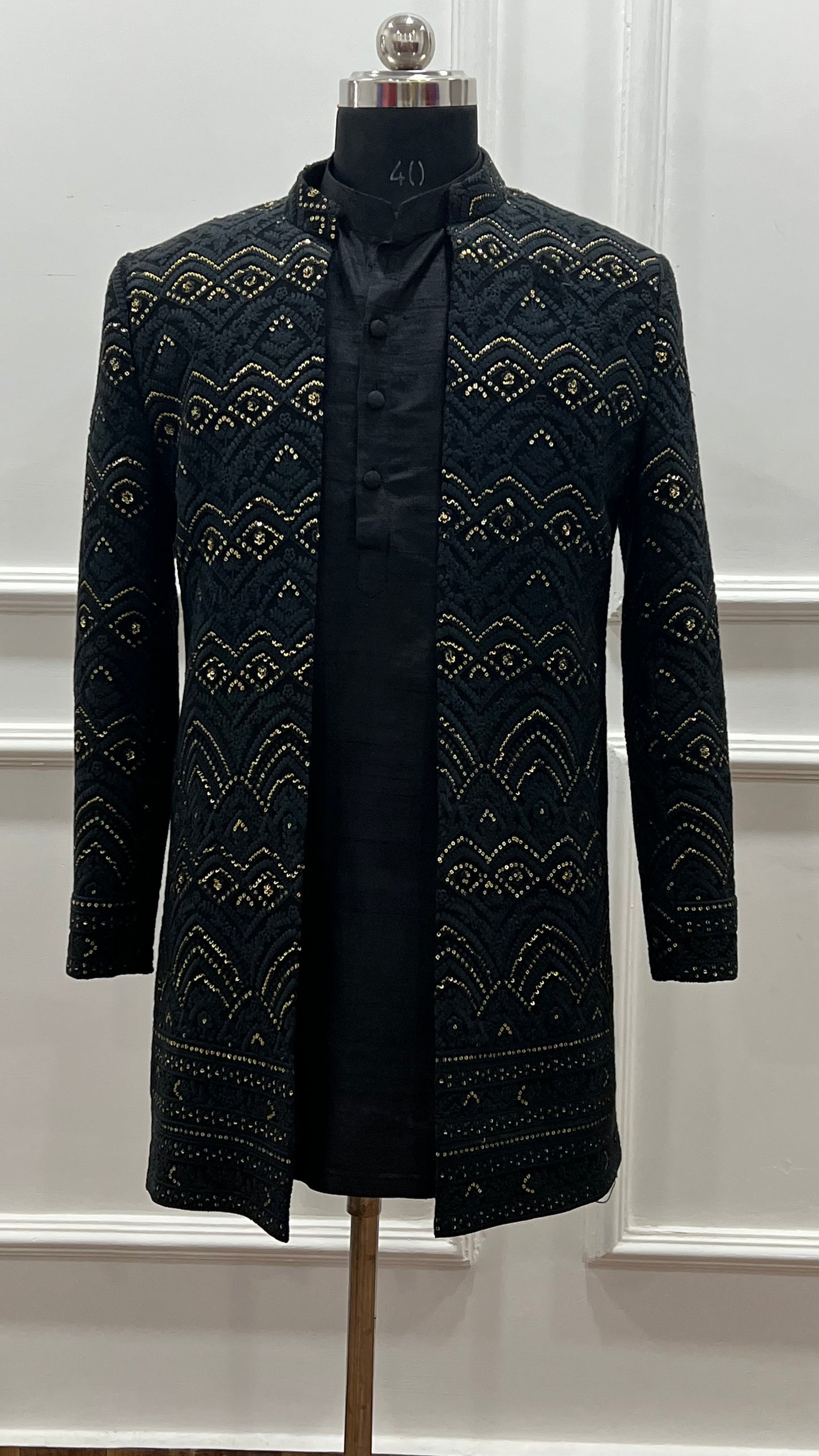 Black Self Thread Embroidered Sherwani