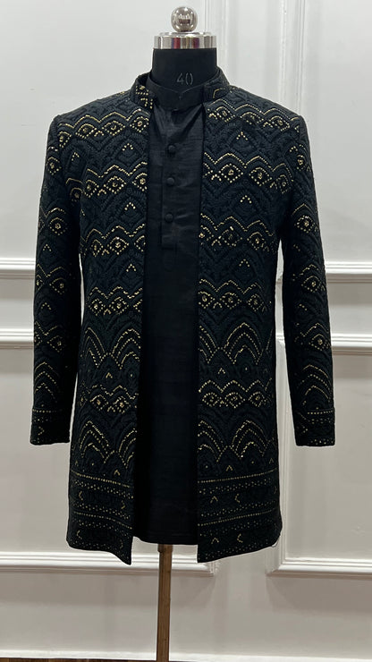 Black Self Thread Embroidered Sherwani