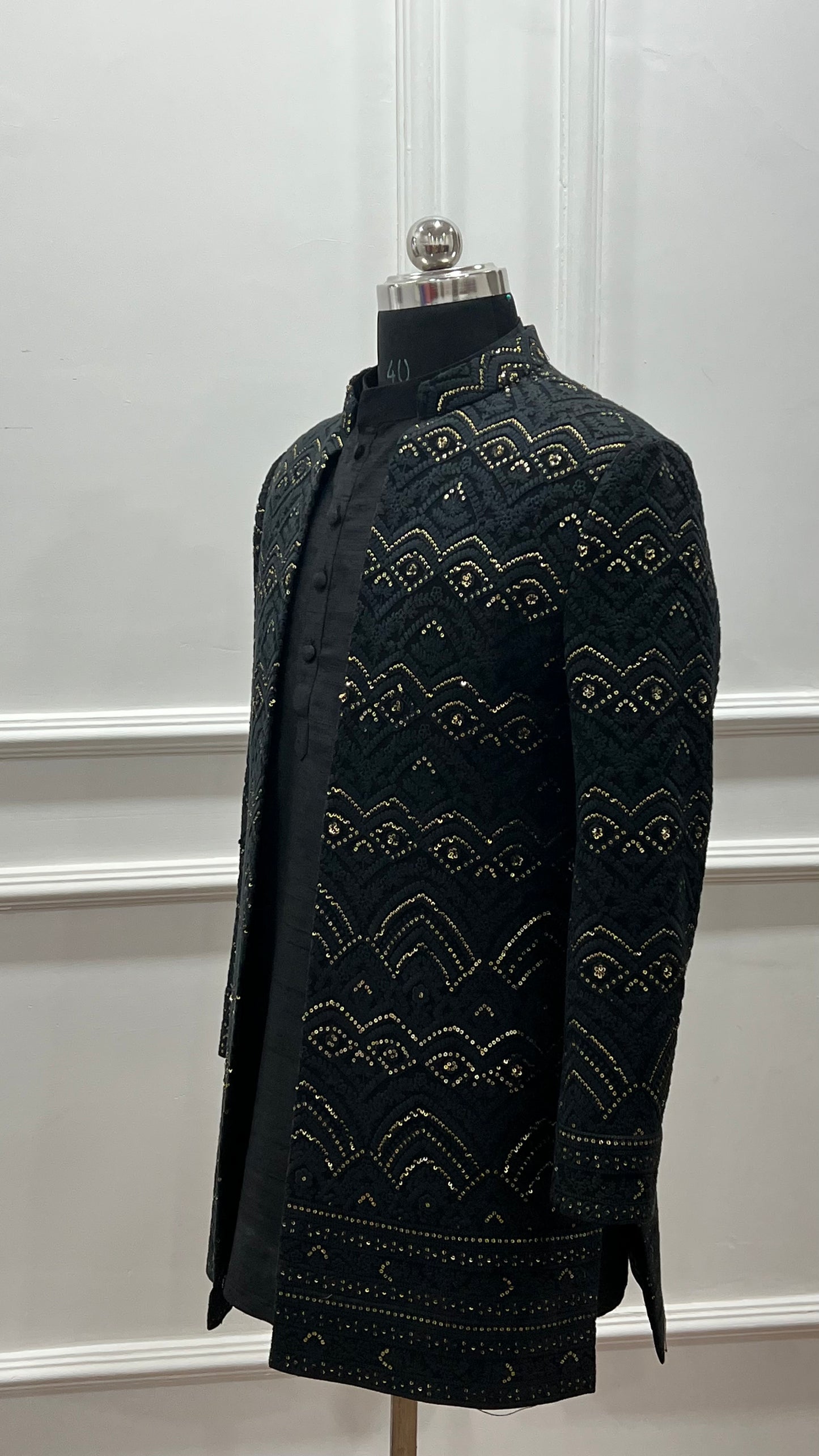 Black Self Thread Embroidered Sherwani