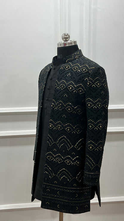 Black Self Thread Embroidered Sherwani