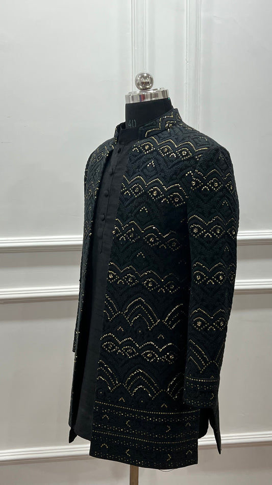 Black Self Thread Embroidered Sherwani