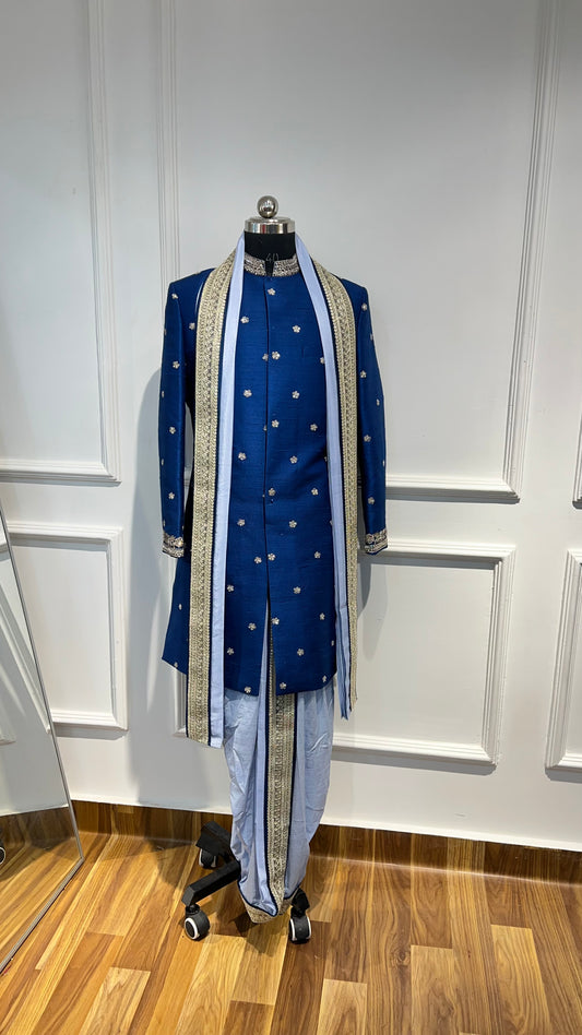 Blue Raw Silk Sherwani Dhoti set