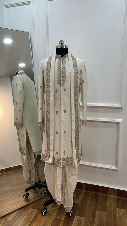 Zardosi Off White Sherwani Dhoti set