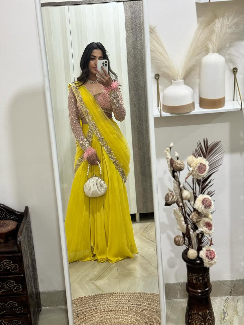 Yellow Crepe Georgette Half Saree Set with Embroidered Net Blouse and Dupatta
