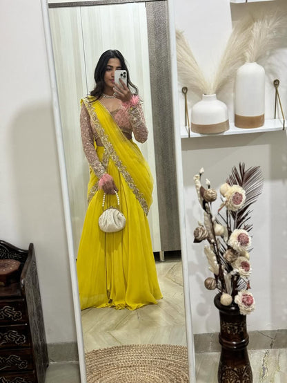 Yellow Crepe Georgette Half Saree Set with Embroidered Net Blouse and Dupatta