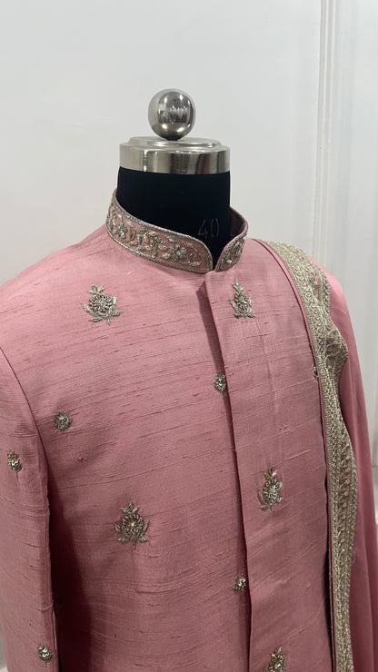 Peach pink sherwani kanduva set